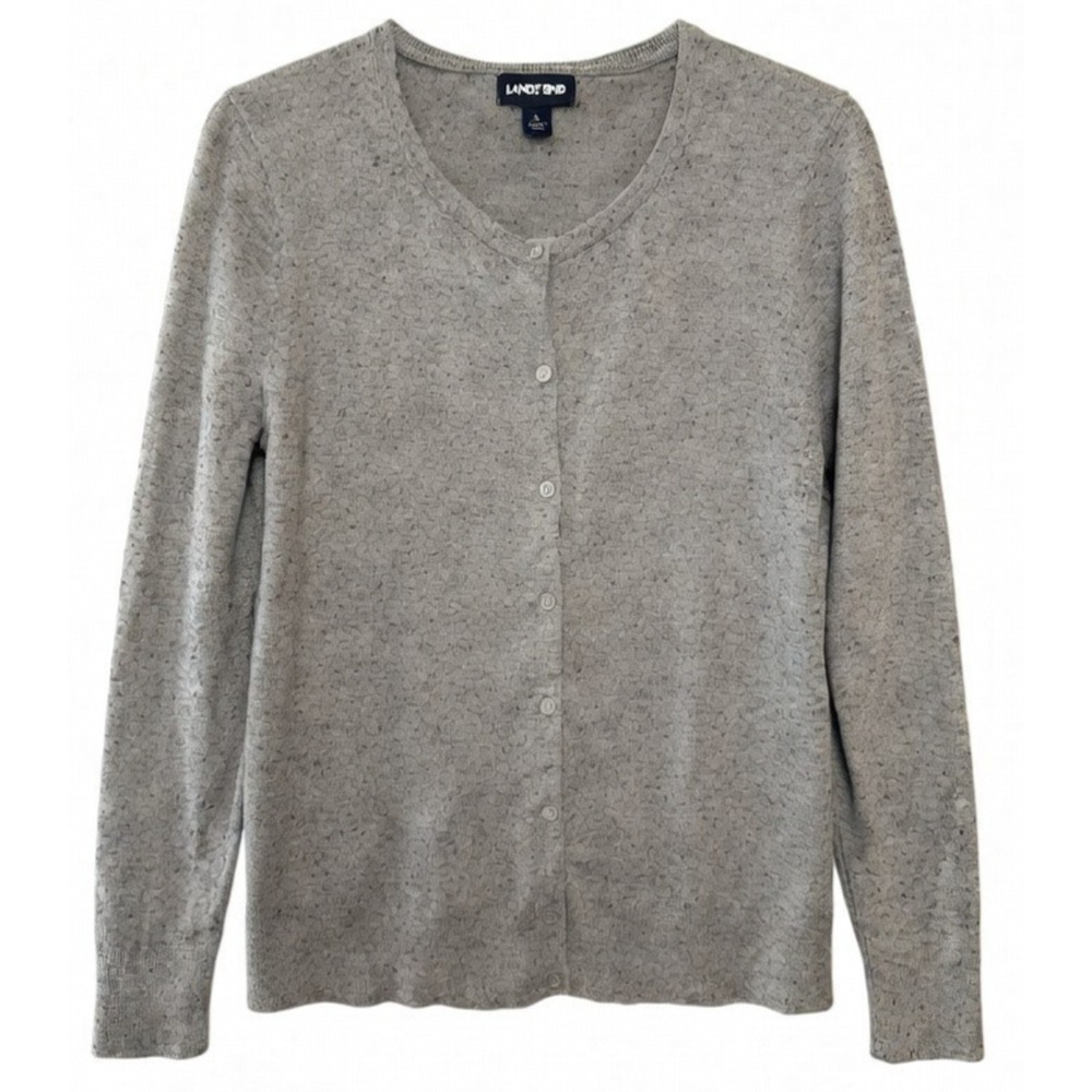 Lands End Womens Large Gray Cardigan Sweater Button Front Cotton Blend Knit - Picture 2 of 9